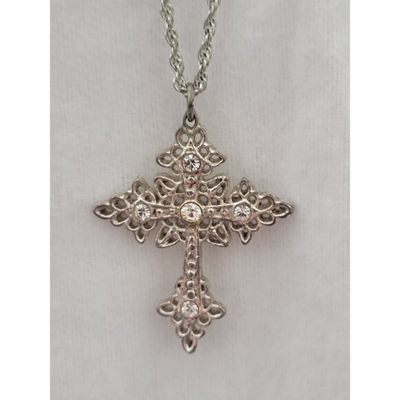 1928 Jewelry - Vintage 1928 Signed Silvertone Cross and Rhinestones On 18” Chain